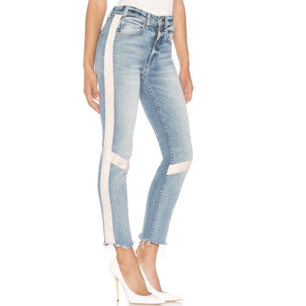 McGuire High Rise Vintage Slim Pink Tuxedo Stripe Jeans (Sz 29) Stretch Denim
